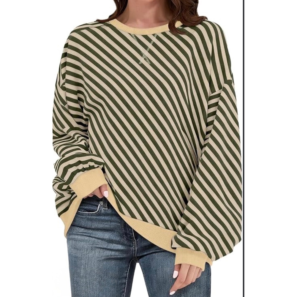 UEU Striped Sweatshirt Womens L Green NWT Oversized Pullover Long Sleeve Top